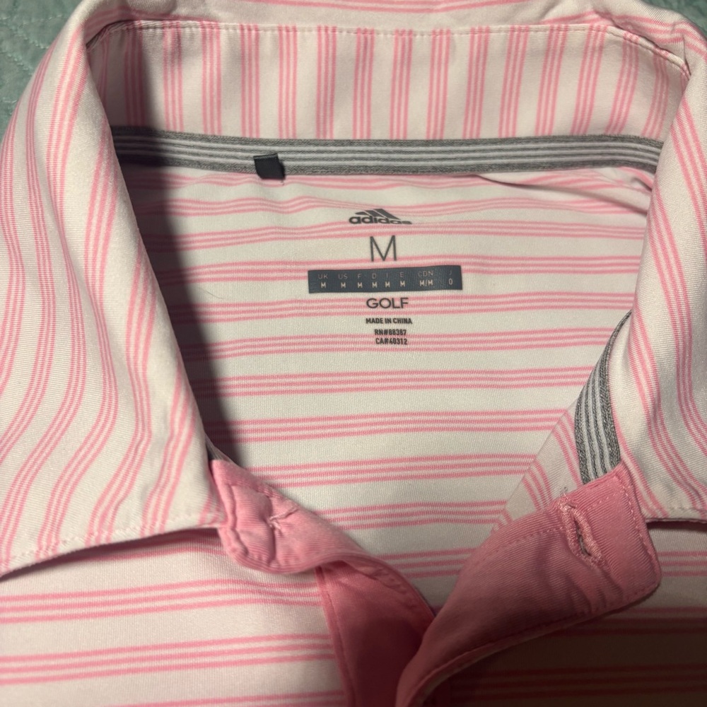 Adidas Golf Pink Striped Polo Shirt Men’s Medium - Picture 3 of 5
